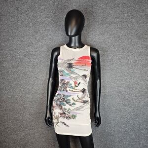 Y2K Ed Hardy 'Sunset Crane' Sheer Mesh Mini Dress Swim Cover-Up | S